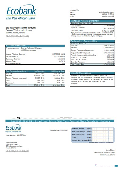 Download Ghana Ecobank bank mortgage statement scr Photoshop template
